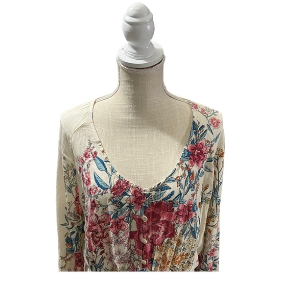 Billabong Play Day Women Cream Floral Long Sleeve Scoop Neck Crinkle Top Sz Sm - Picture 4 of 15